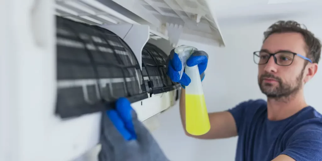 man cleaning heat pump head filters